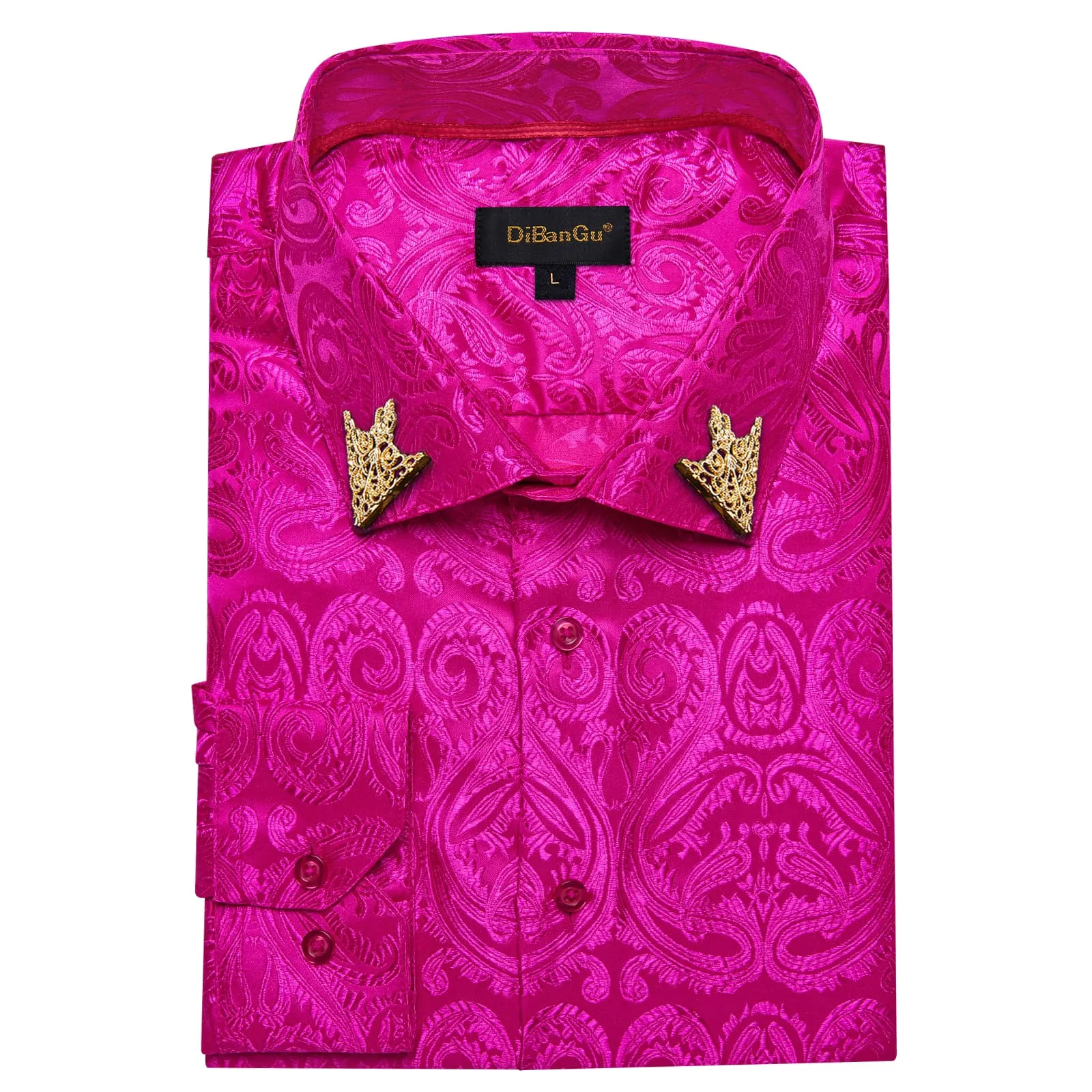 DiBanGu Shirt for Men Fashion Fuchsia Pink Paisley Button Long Sleeve Silk Shirt