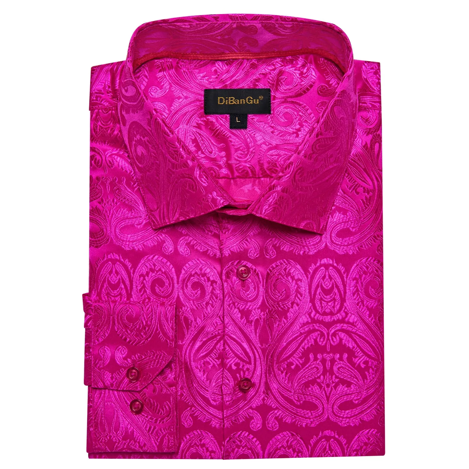 DiBanGu Shirt for Men Fashion Fuchsia Pink Paisley Button Long Sleeve Silk Shirt