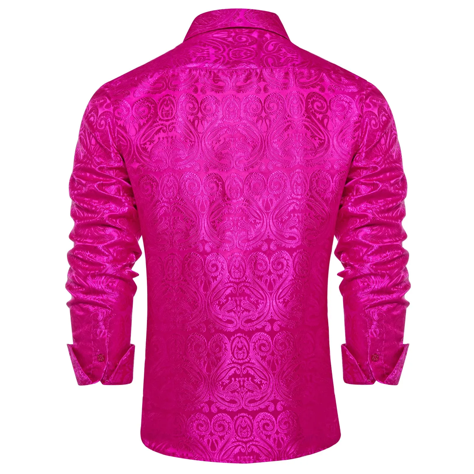 DiBanGu Shirt for Men Fashion Fuchsia Pink Paisley Button Long Sleeve Silk Shirt