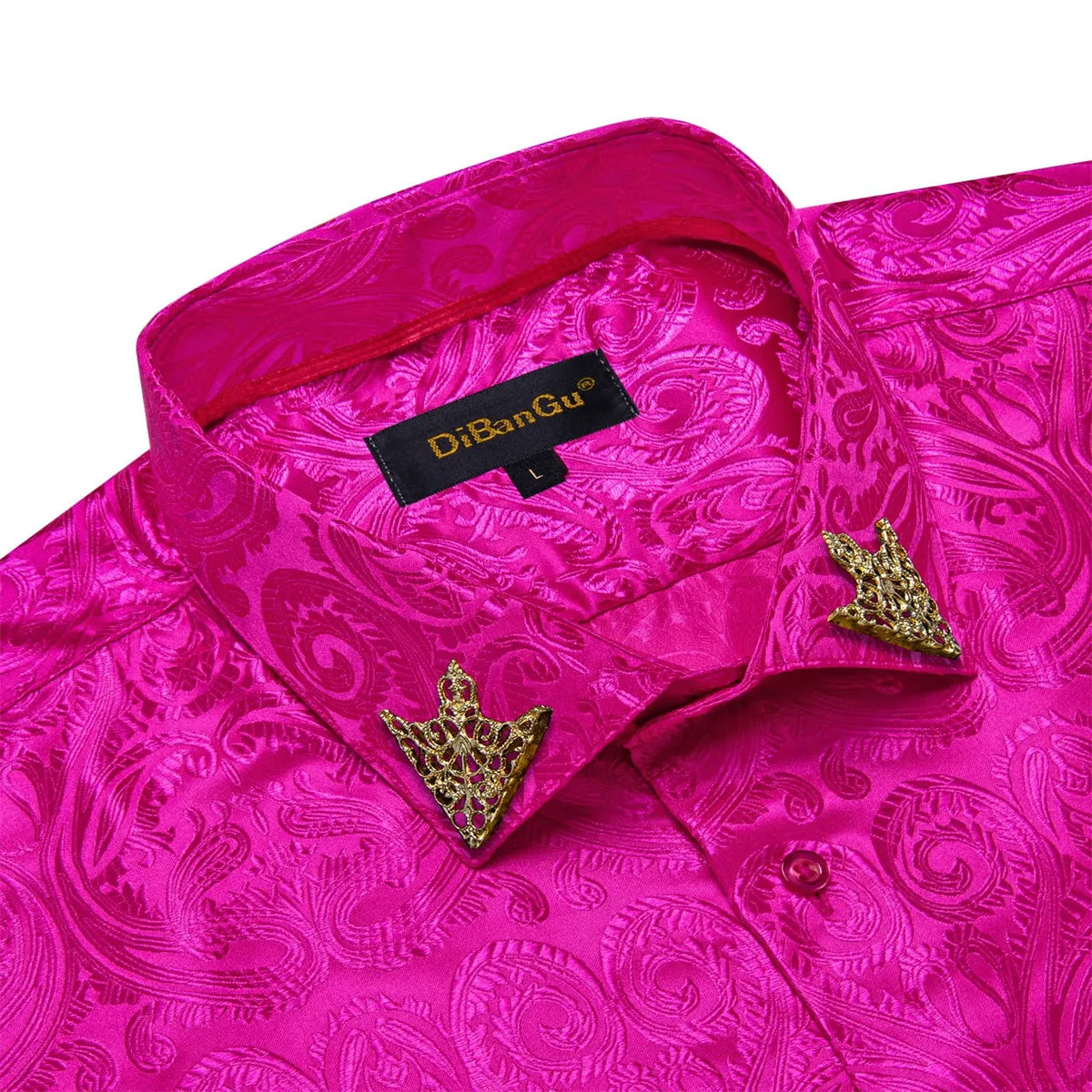 DiBanGu Shirt for Men Fashion Fuchsia Pink Paisley Button Long Sleeve Silk Shirt