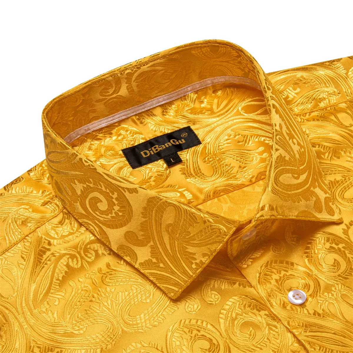 DiBanGu Shirt for Men Gamboge Orange Paisley Long Sleeve Silk Button Up Dress Work Shirt