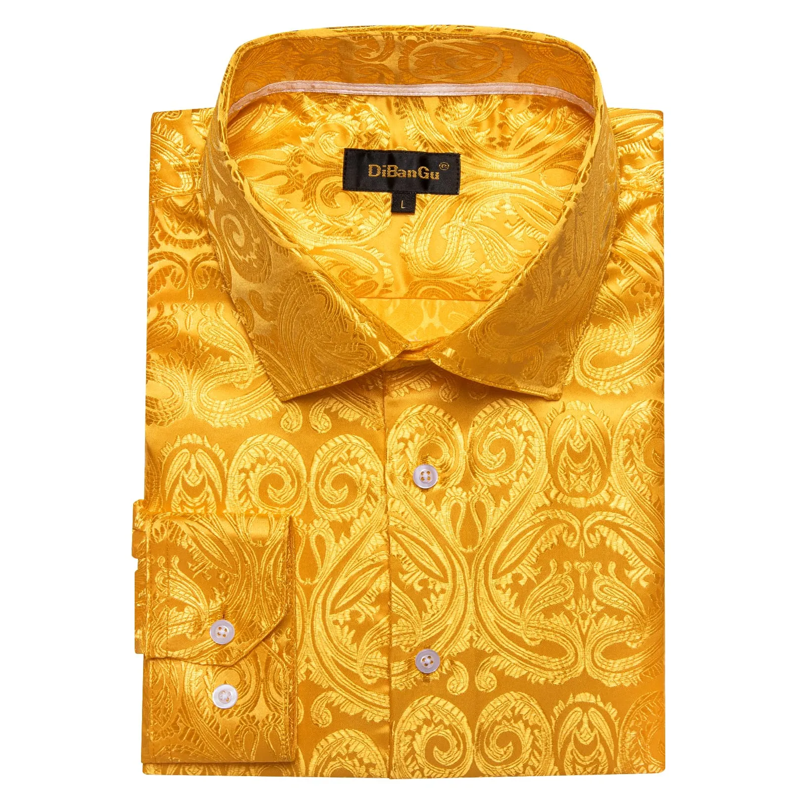 DiBanGu Shirt for Men Gamboge Orange Paisley Long Sleeve Silk Button Up Dress Work Shirt