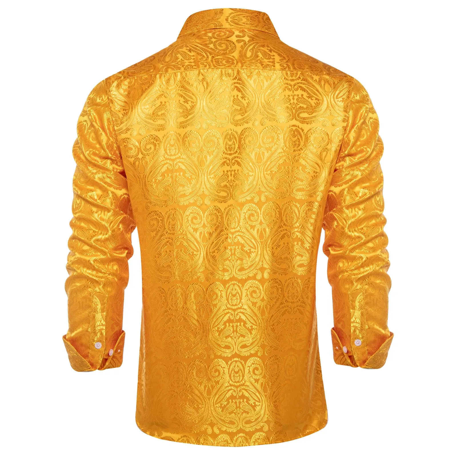 DiBanGu Shirt for Men Gamboge Orange Paisley Long Sleeve Silk Button Up Dress Work Shirt