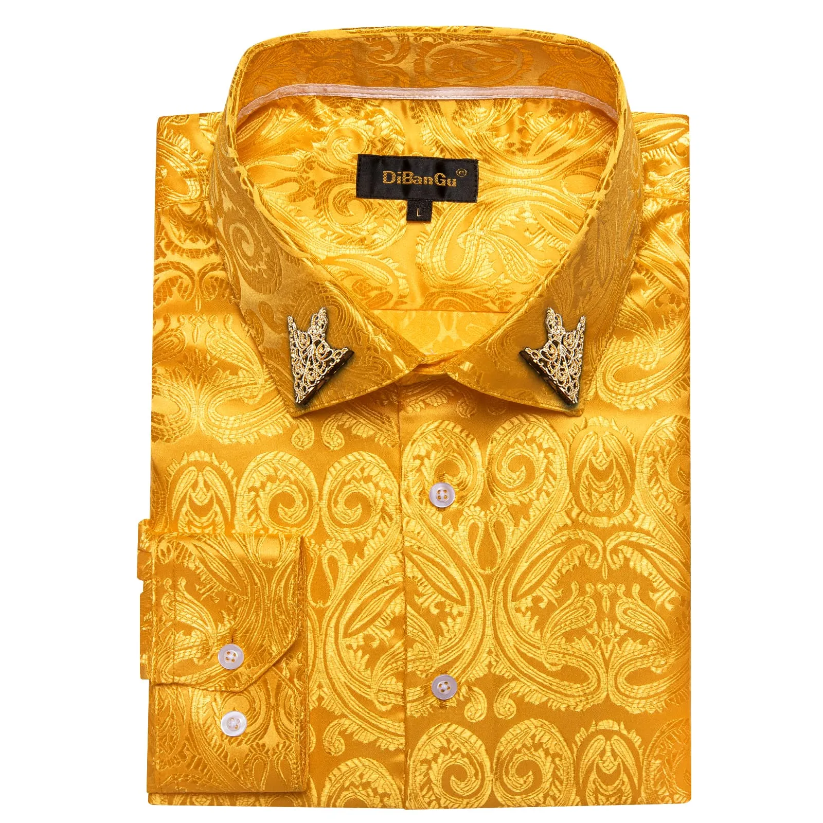 DiBanGu Shirt for Men Gamboge Orange Paisley Long Sleeve Silk Button Up Dress Work Shirt