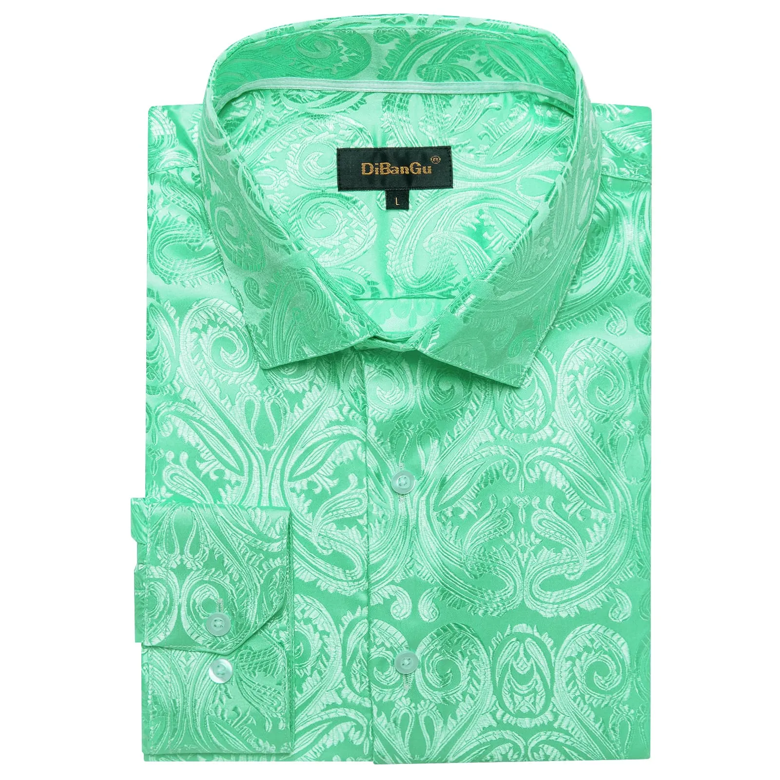 DiBanGu Shirt for Men Pearl Aqua Green Paisley Long Sleeve Silk Button Up Business Dress Shirt