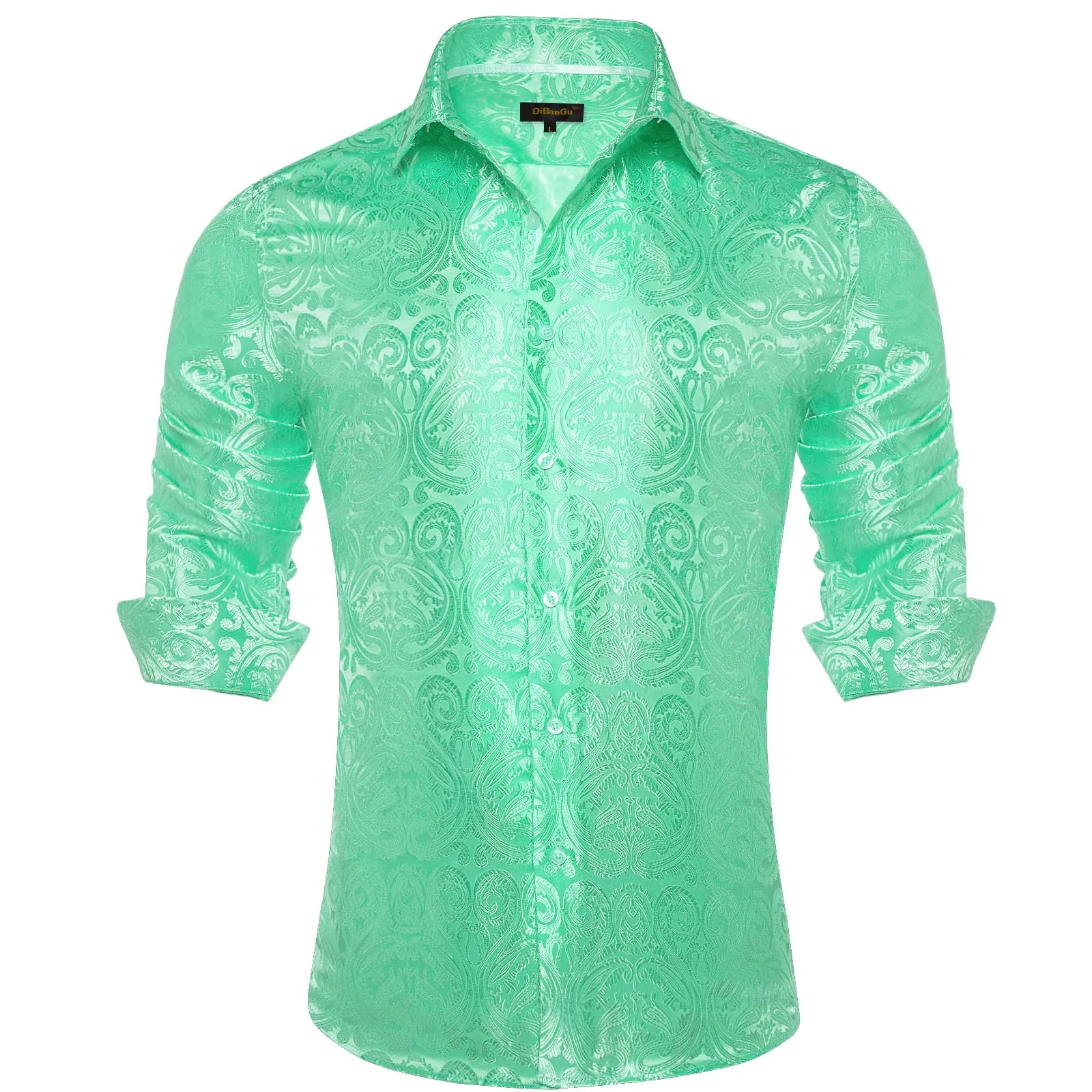 DiBanGu Shirt for Men Pearl Aqua Green Paisley Long Sleeve Silk Button Up Business Dress Shirt