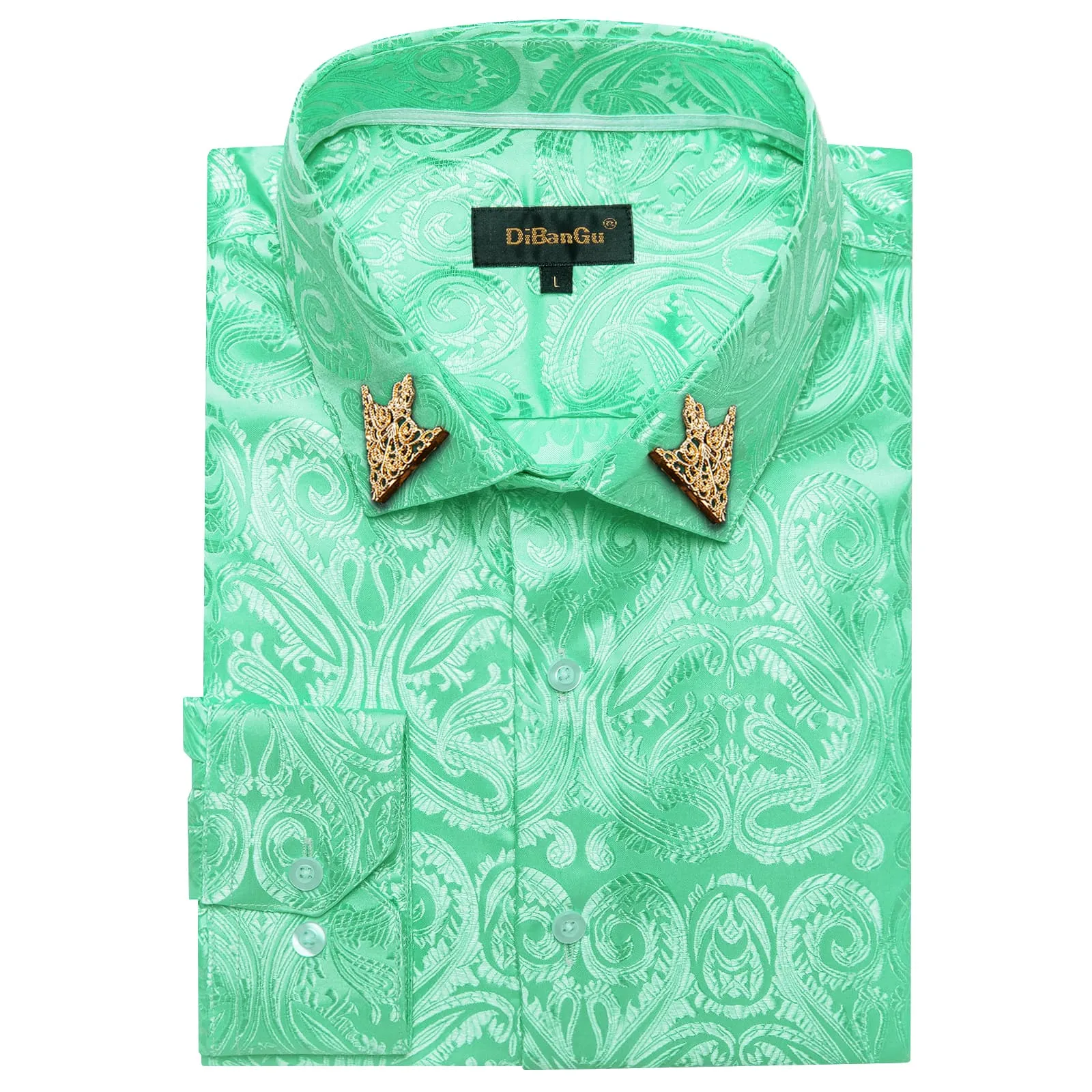 DiBanGu Shirt for Men Pearl Aqua Green Paisley Long Sleeve Silk Button Up Business Dress Shirt