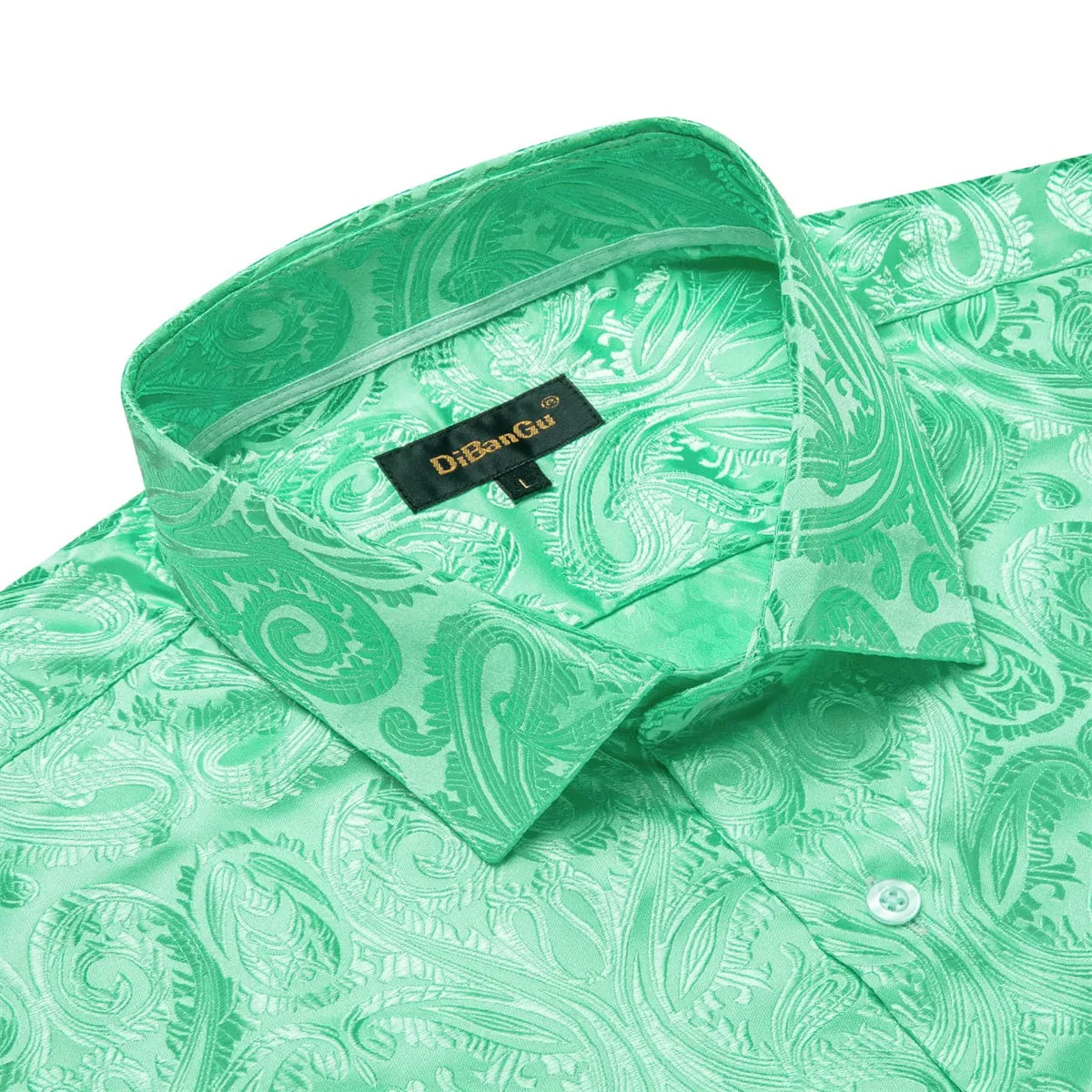 DiBanGu Shirt for Men Pearl Aqua Green Paisley Long Sleeve Silk Button Up Business Dress Shirt