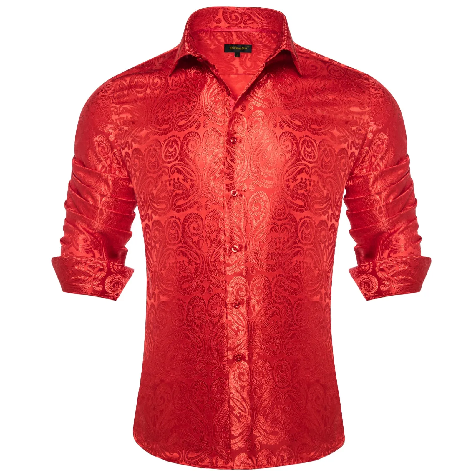 DiBanGu Shirt for Men Venetian Red Paisley Silk Button Up Long Sleeve Shirt Wedding Design