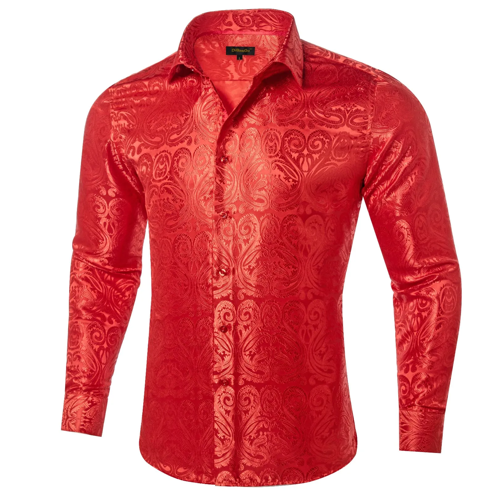 DiBanGu Shirt for Men Venetian Red Paisley Silk Button Up Long Sleeve Shirt Wedding Design