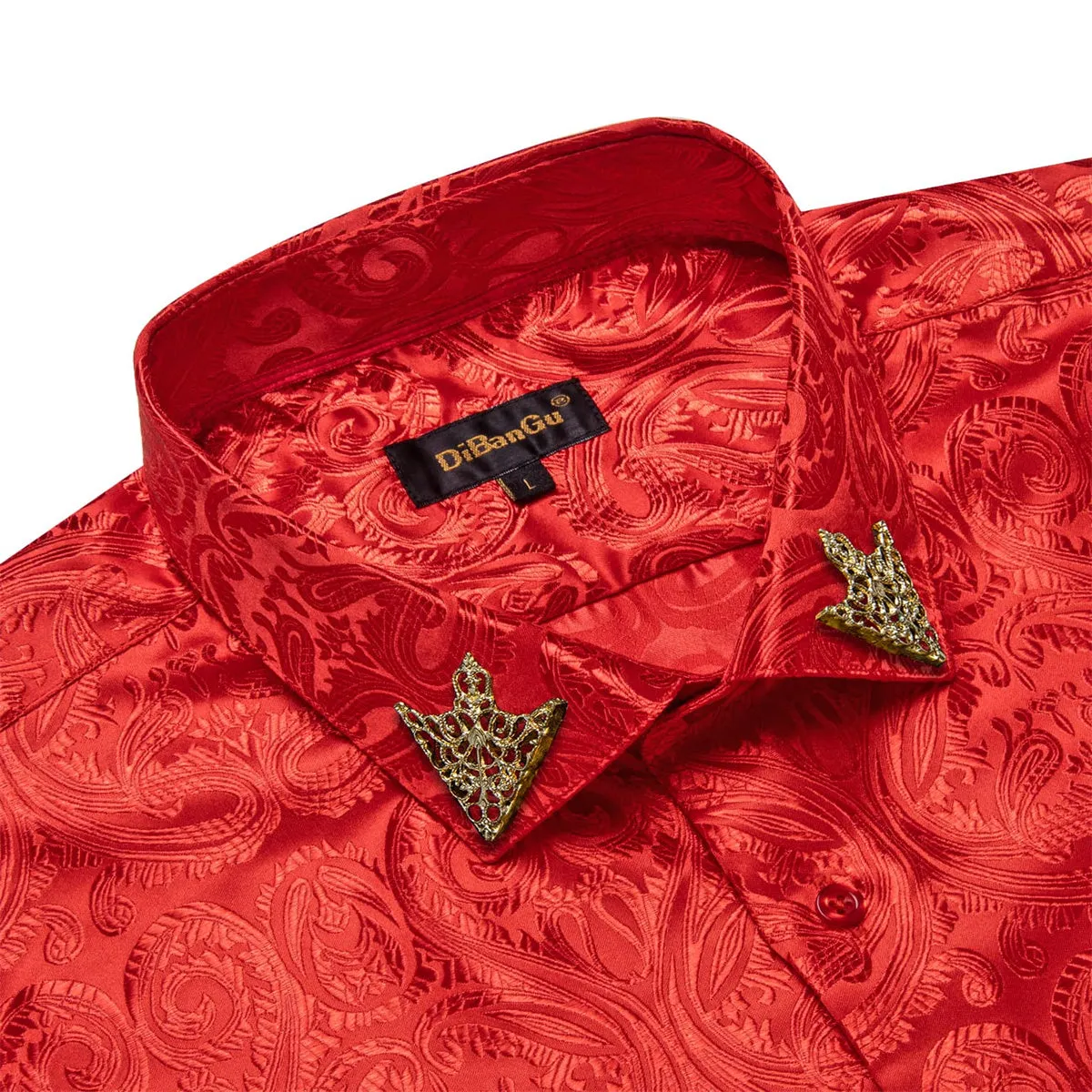 DiBanGu Shirt for Men Venetian Red Paisley Silk Button Up Long Sleeve Shirt Wedding Design