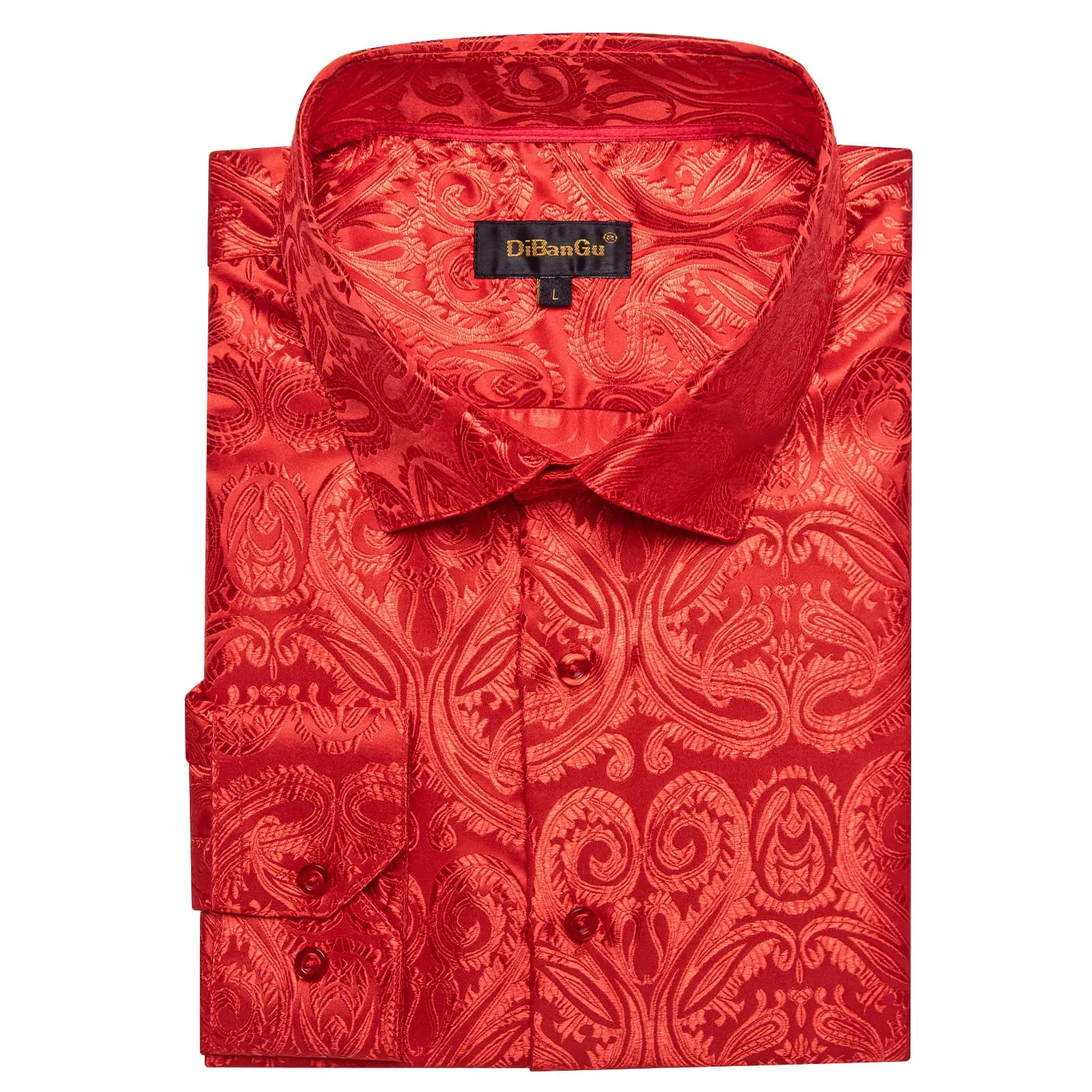 DiBanGu Shirt for Men Venetian Red Paisley Silk Button Up Long Sleeve Shirt Wedding Design