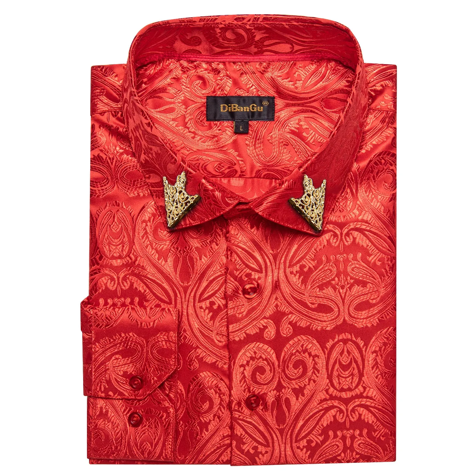 DiBanGu Shirt for Men Venetian Red Paisley Silk Button Up Long Sleeve Shirt Wedding Design