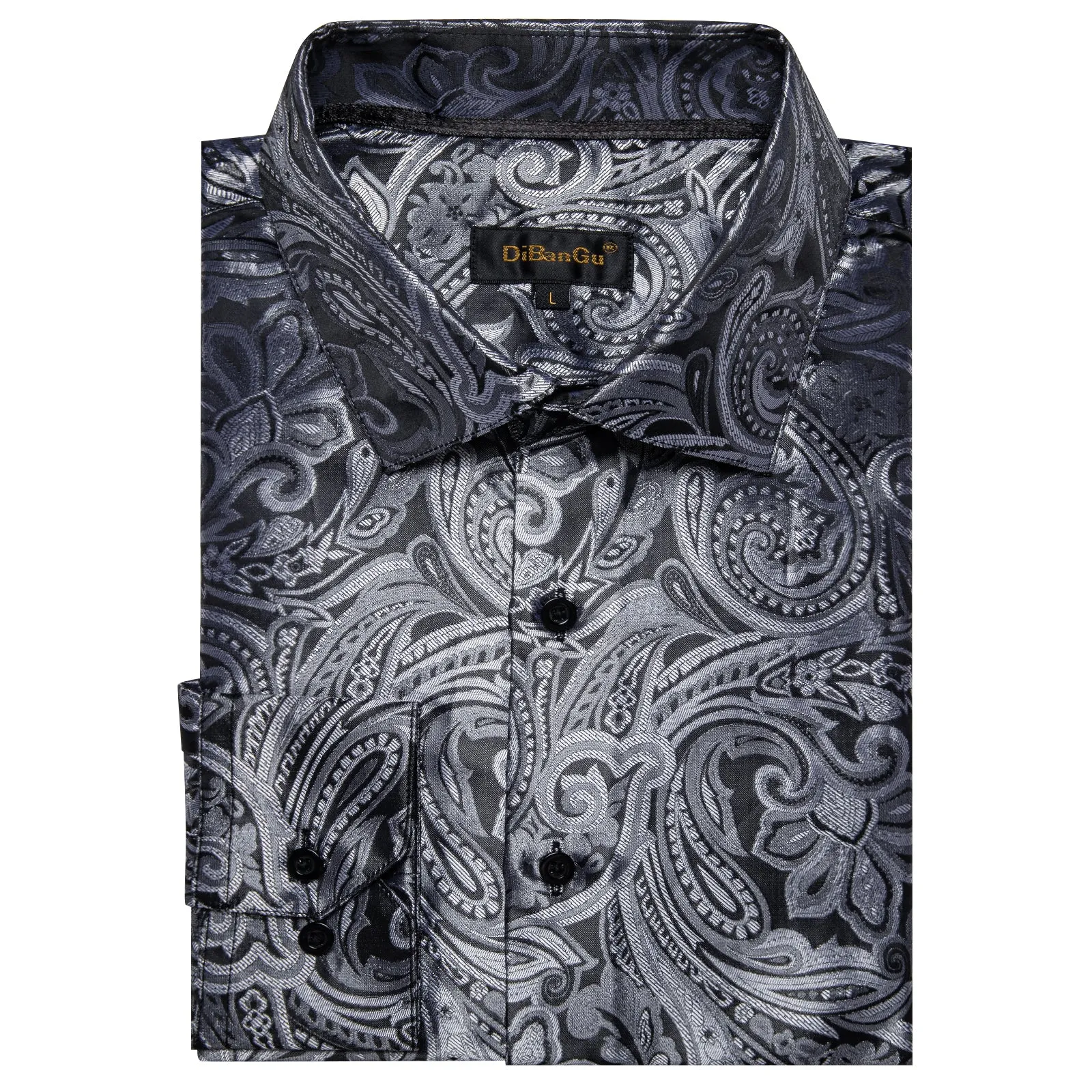 DiBanGu Shirts for Men Grey Silver Floral Silk Men's Long Sleeve Shirt