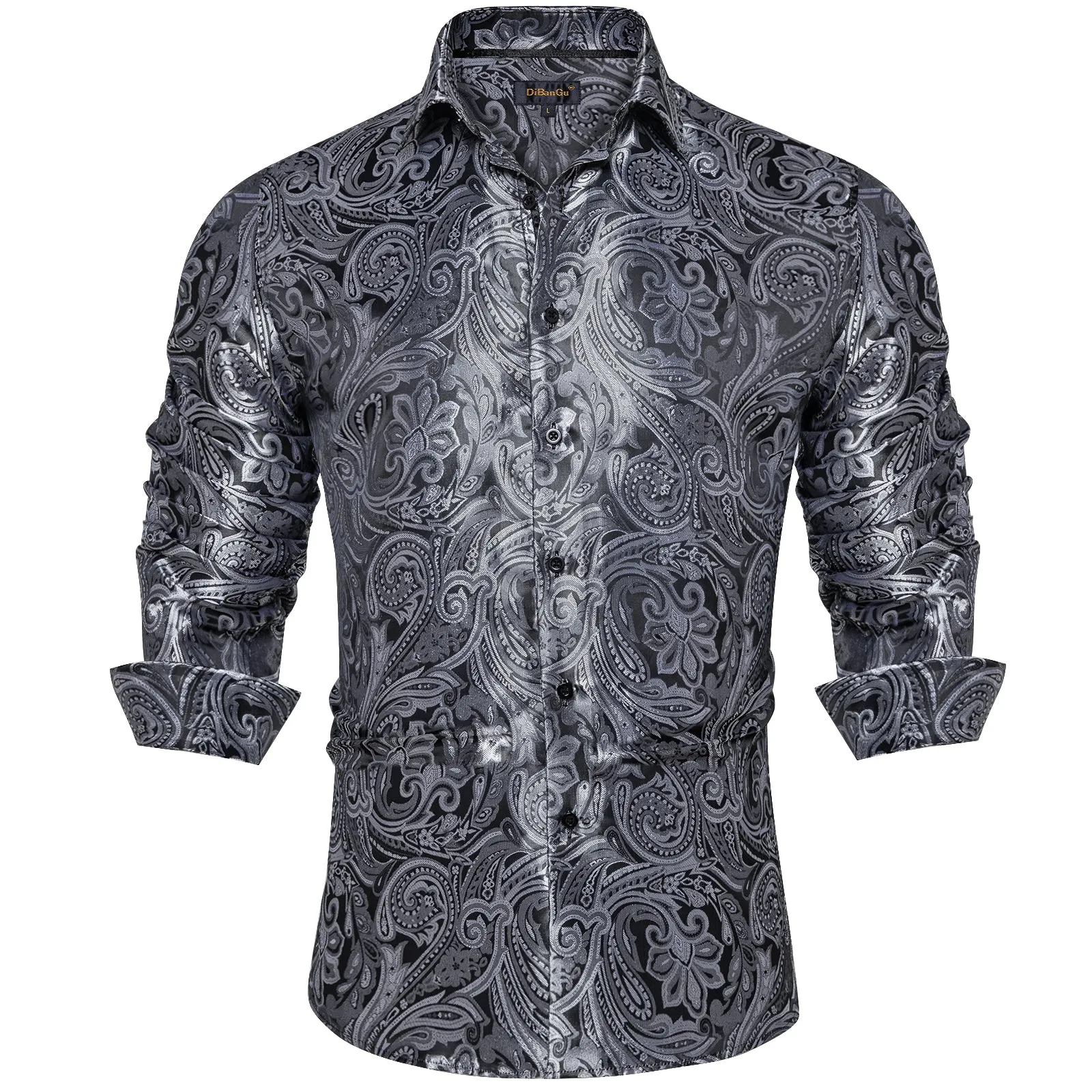 DiBanGu Shirts for Men Grey Silver Floral Silk Men's Long Sleeve Shirt