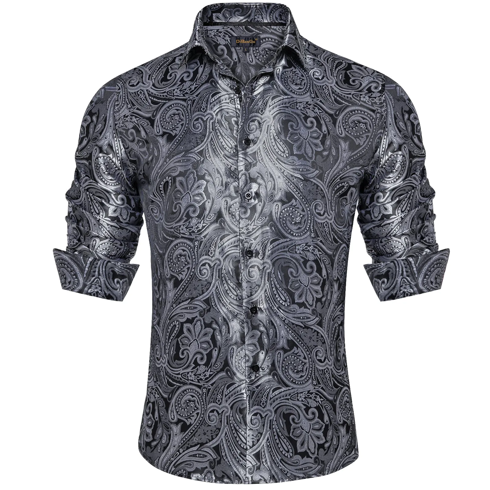 DiBanGu Shirts for Men Grey Silver Floral Silk Men's Long Sleeve Shirt