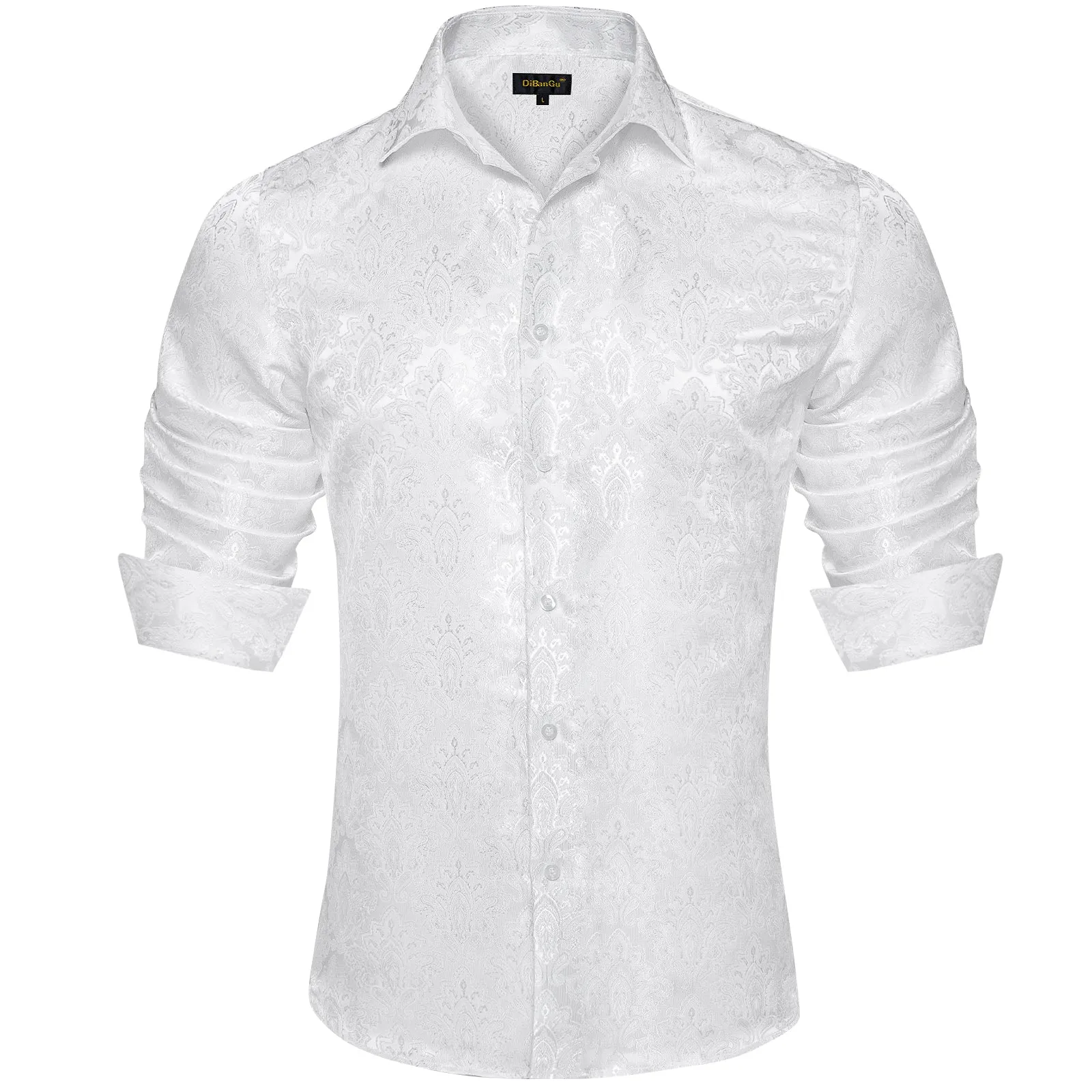 DiBanGu Shirts for Men White Floral Silk Men's Long Sleeve Shirt