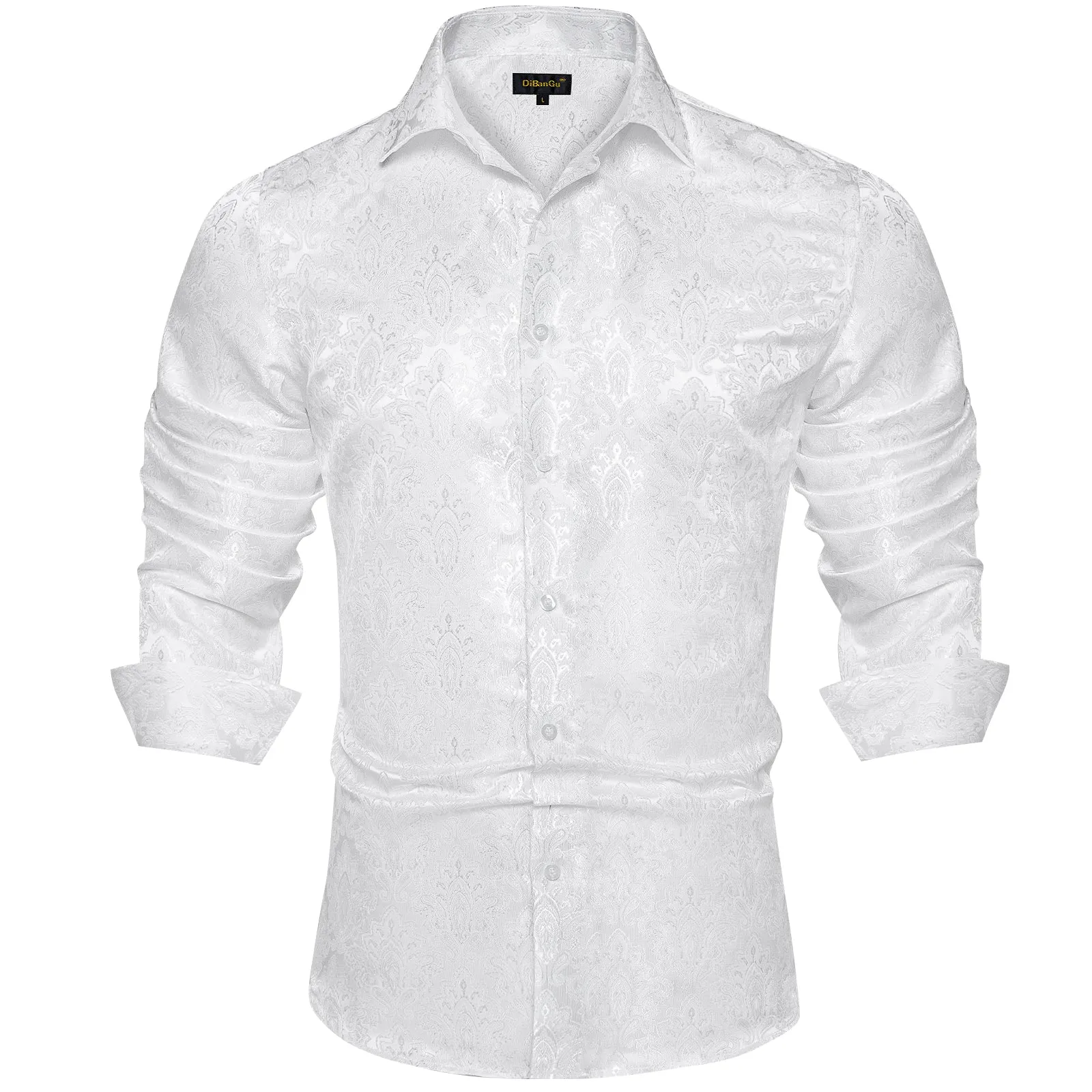 DiBanGu Shirts for Men White Floral Silk Men's Long Sleeve Shirt