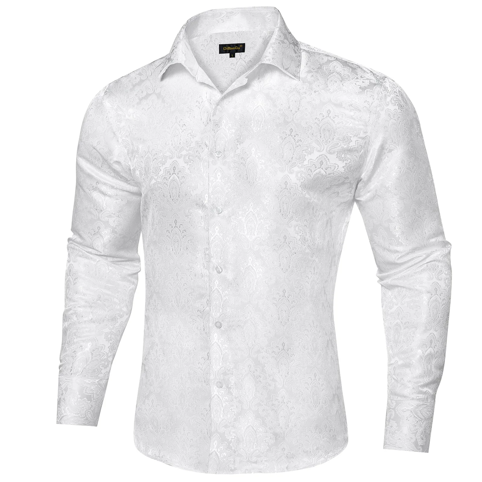 DiBanGu Shirts for Men White Floral Silk Men's Long Sleeve Shirt