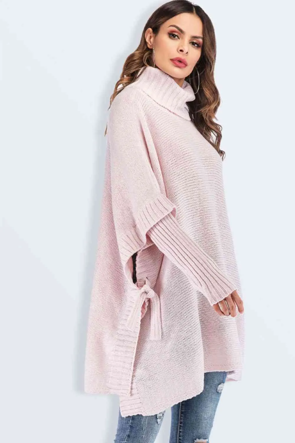 Double Take Tied Turtleneck Asymmetrical Hem Sweater