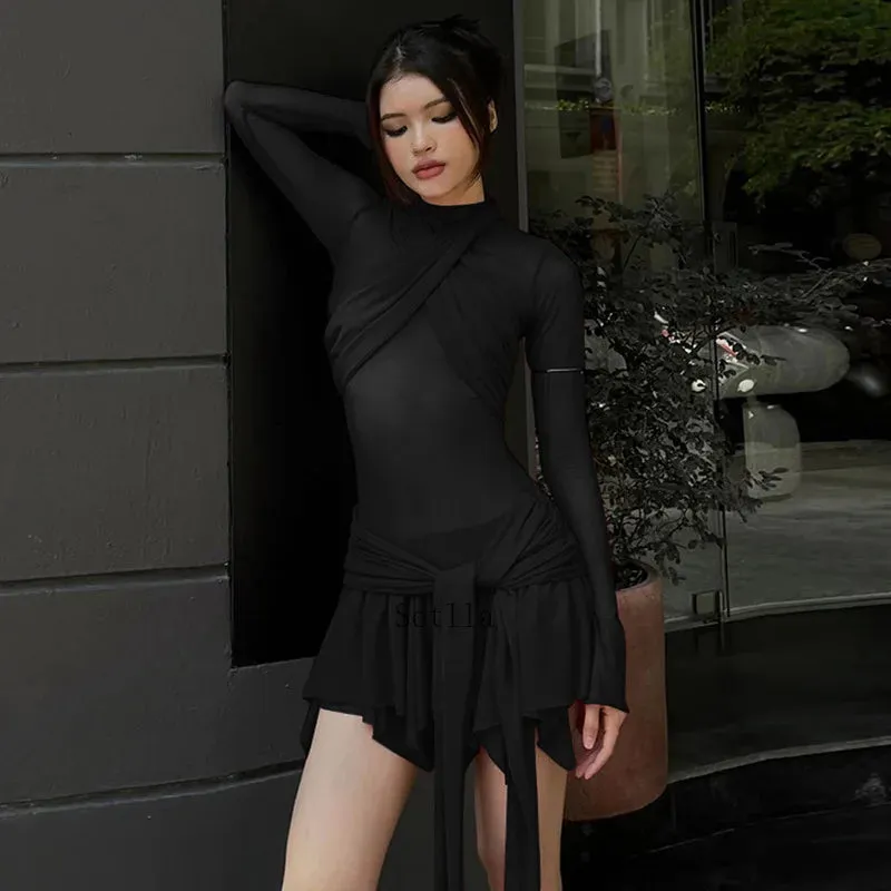 Elegant Pleated Mesh Sheer Mini Dress