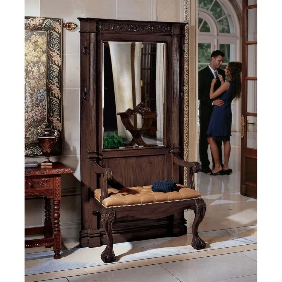 English Victorian Hand-Carved Solid Mahogany Antique Replica Entryway Hallway Stand With Mirror and Seating Bench Set