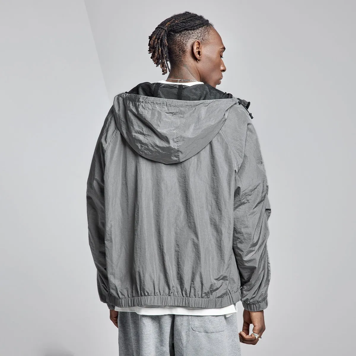 Extra Comfort Reflective Lightweight Grey Zip Hooded Windbreaker Jacket