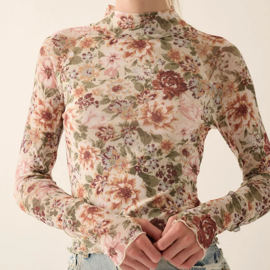 Floral Marvels Mesh Thumbhole High Neck Top