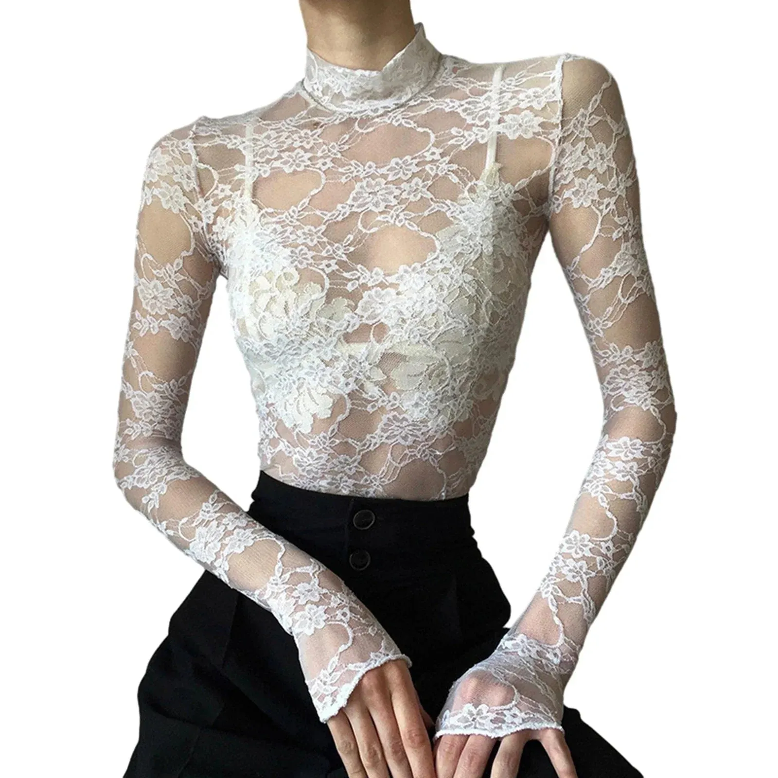 Floral Sheer Mesh Long See-Through Sexy Slim Clubwear Aesthetic Lace T-shirt