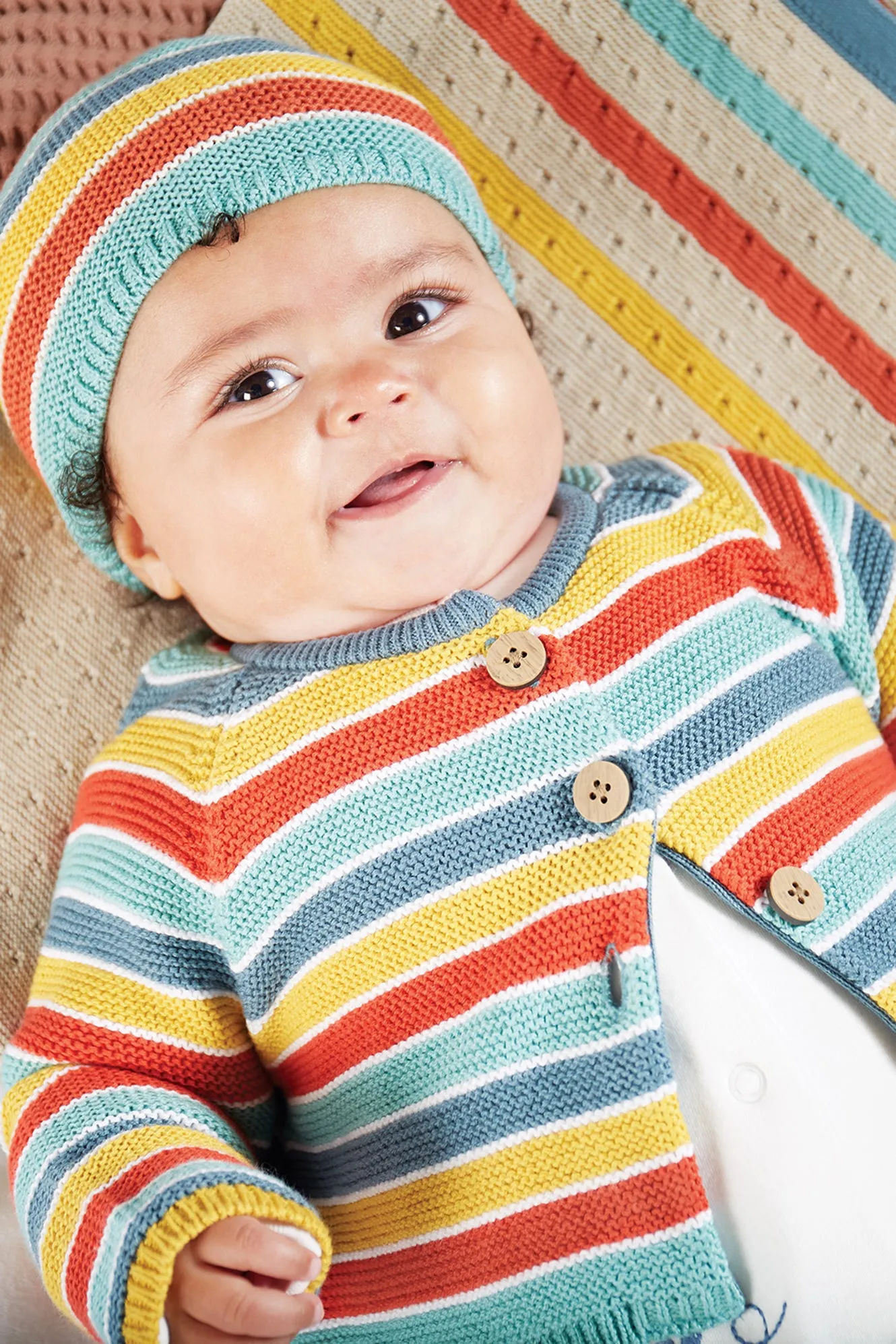 Frugi Bright as a Button Cardigan, Rainbow Stripe