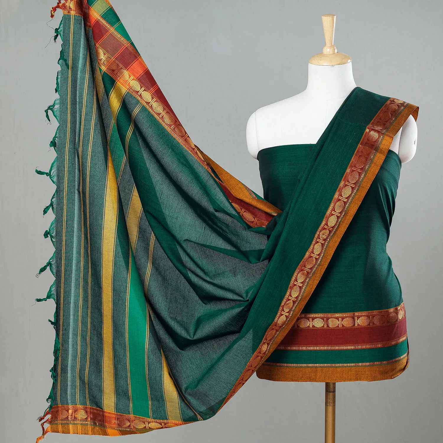 Green - 3pc Traditional Cotton Dharwad Dress Material 10