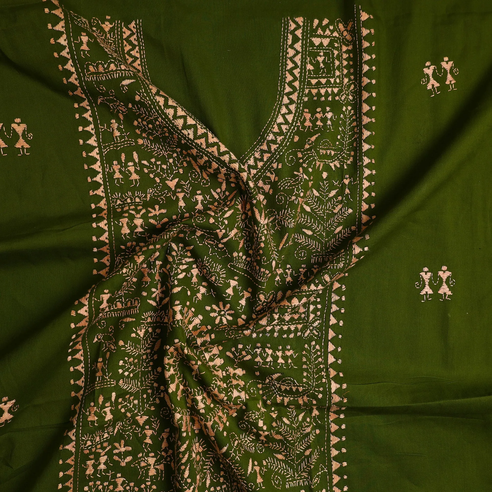 Green - Bengal Kantha Embroidery Cotton Kurta Material - (2.75m) 53