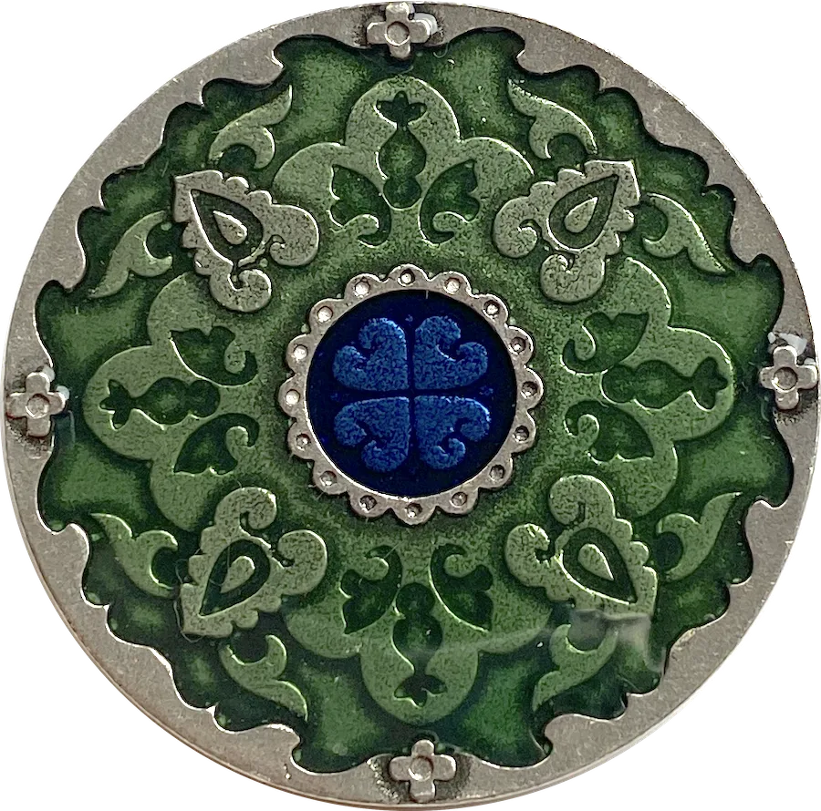 Green Medallion Pewter Button, Small 7/8" Danforth USA, 22mm Shank Back # FJ-99