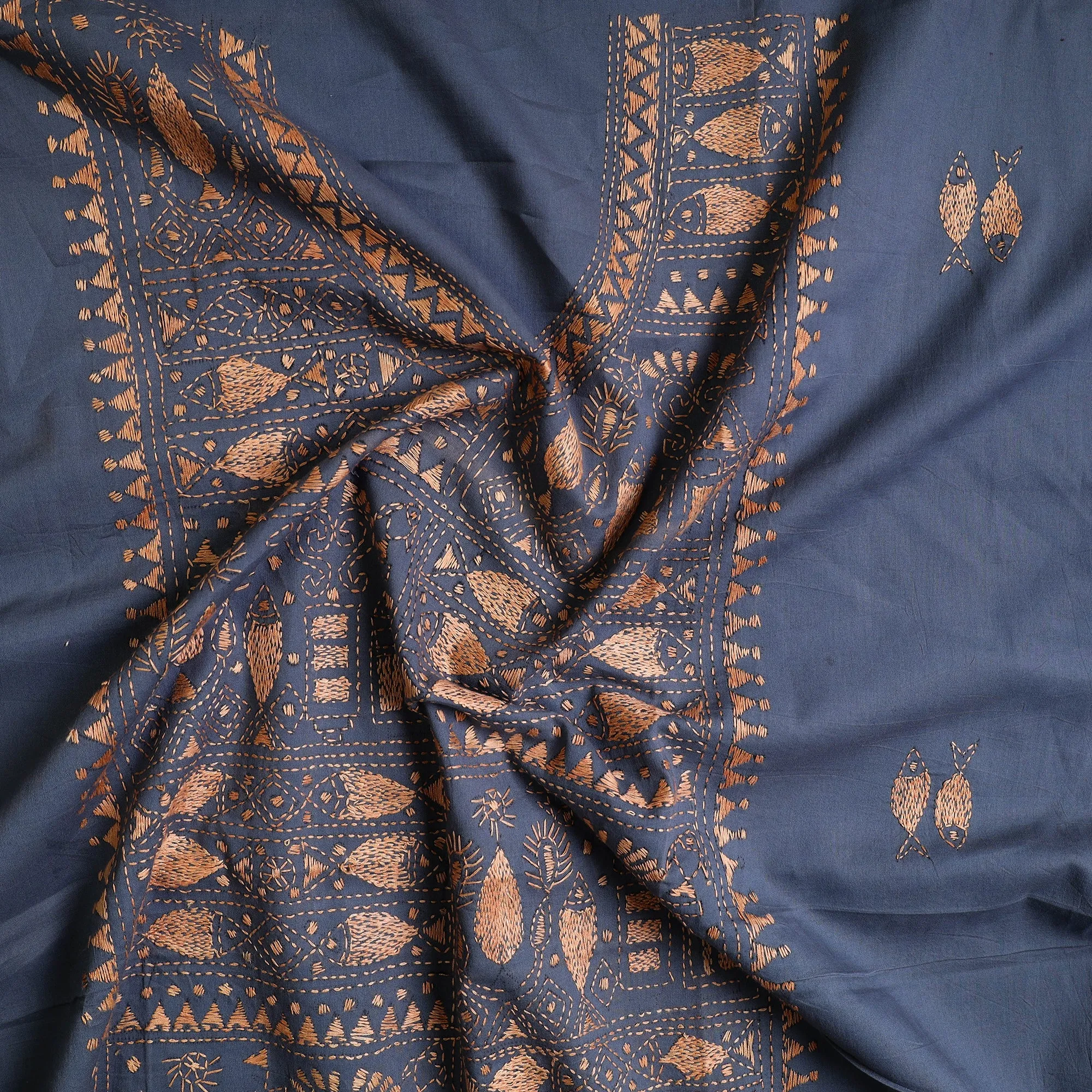 Grey - Bengal Kantha Embroidery Cotton Kurta Material - (2.7m) 48