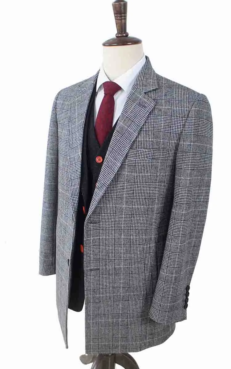 GREY OVERCOAT HOUNDSTOOTH PLAID TWEED