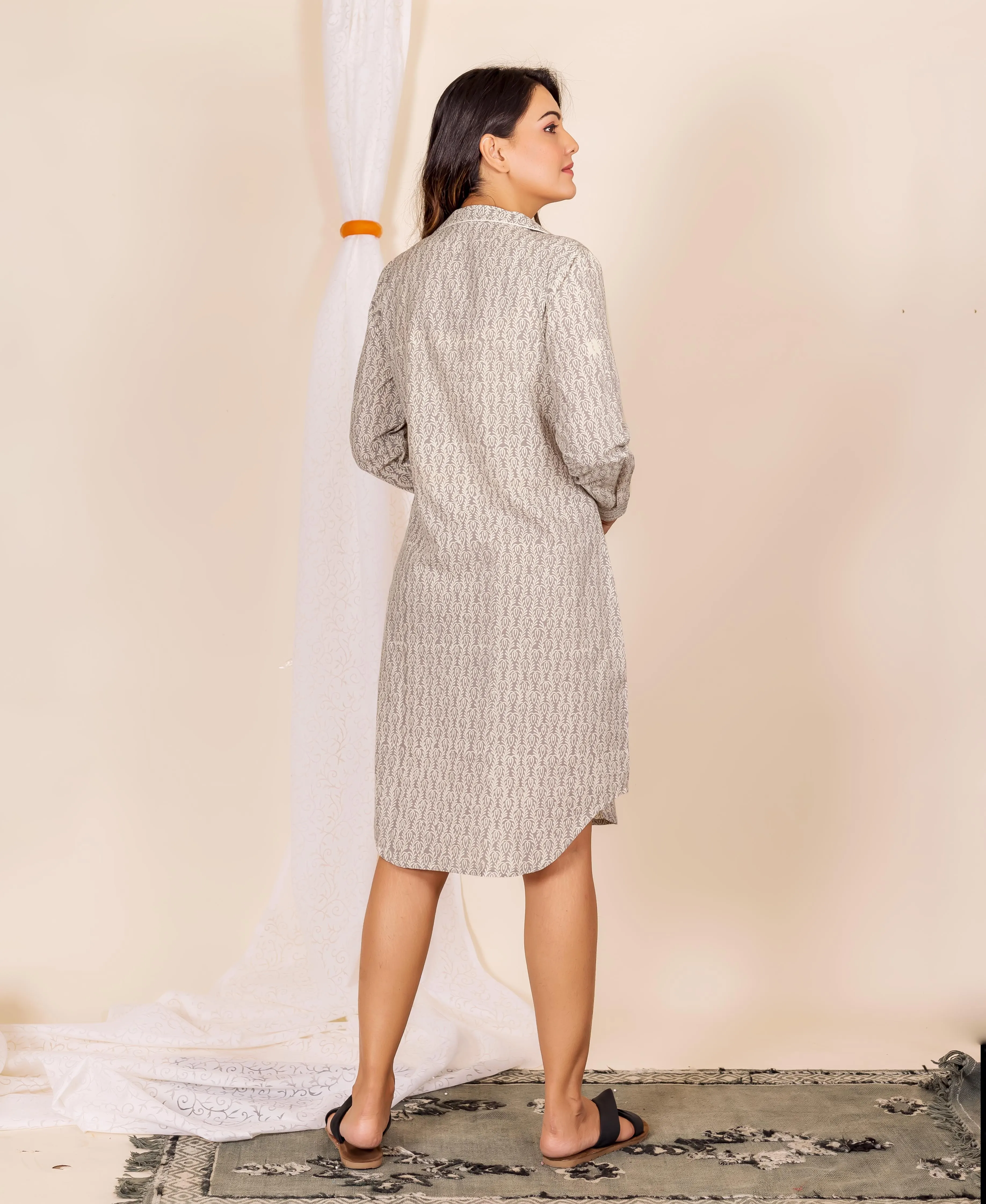 Grey Printed Shirt Style Night Dress