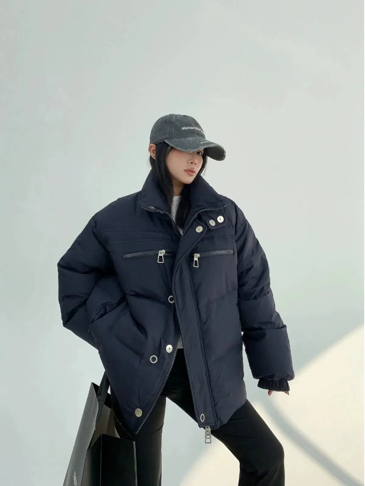 High Collar Zipper Pockets Puffer Down Jacket