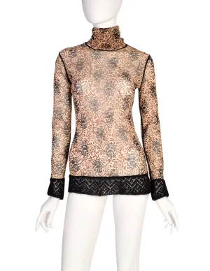 Jean Paul Gaultier Vintage Beige Burgundy Black Floral Damask Mesh Top