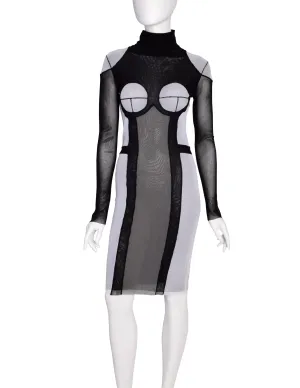 Jean Paul Gaultier Vintage Black Grey Trompe L'oeil Patchwork Mesh Turtleneck Dress