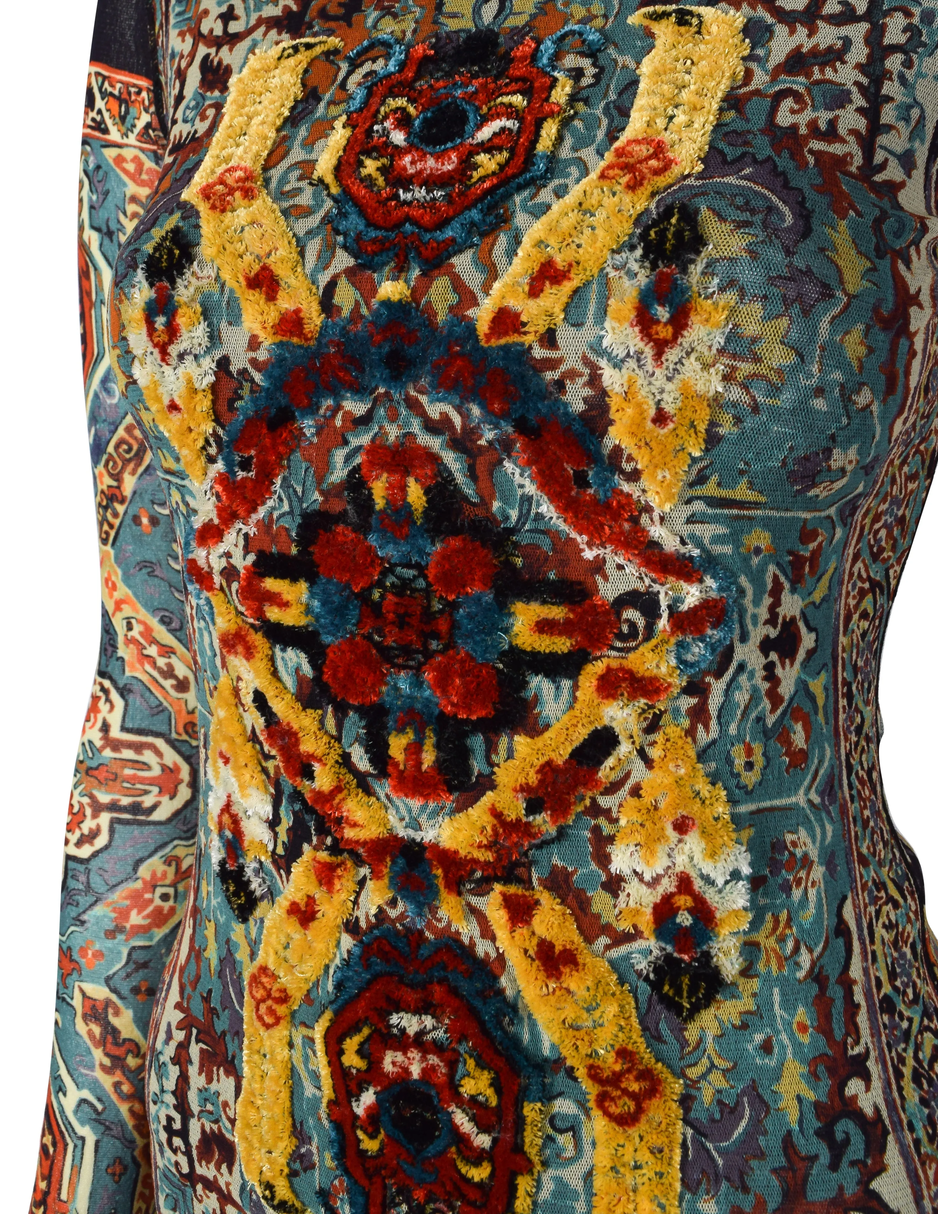 Jean Paul Gaultier Vintage Chenille Embroidery Embellished Rug Print Mesh Top