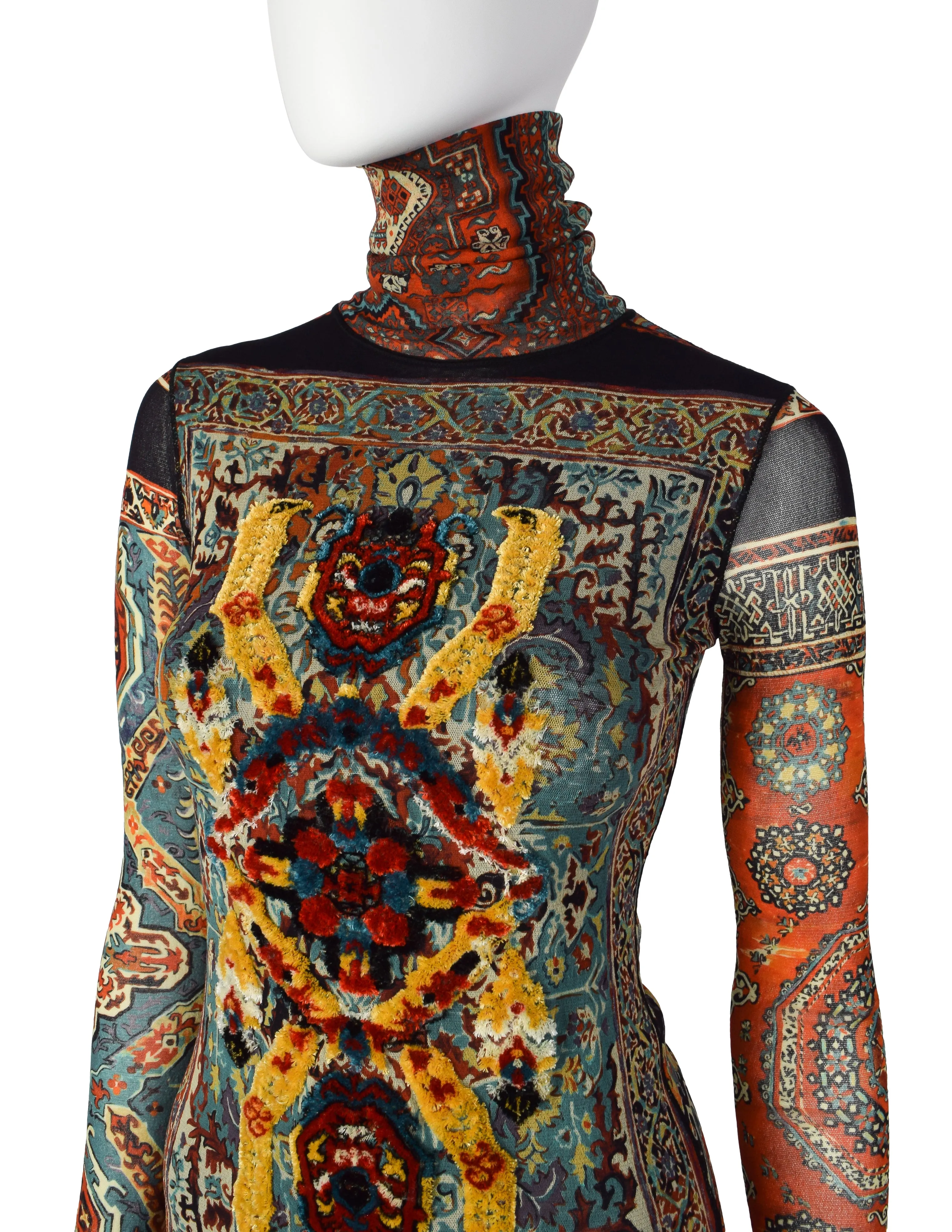 Jean Paul Gaultier Vintage Chenille Embroidery Embellished Rug Print Mesh Top