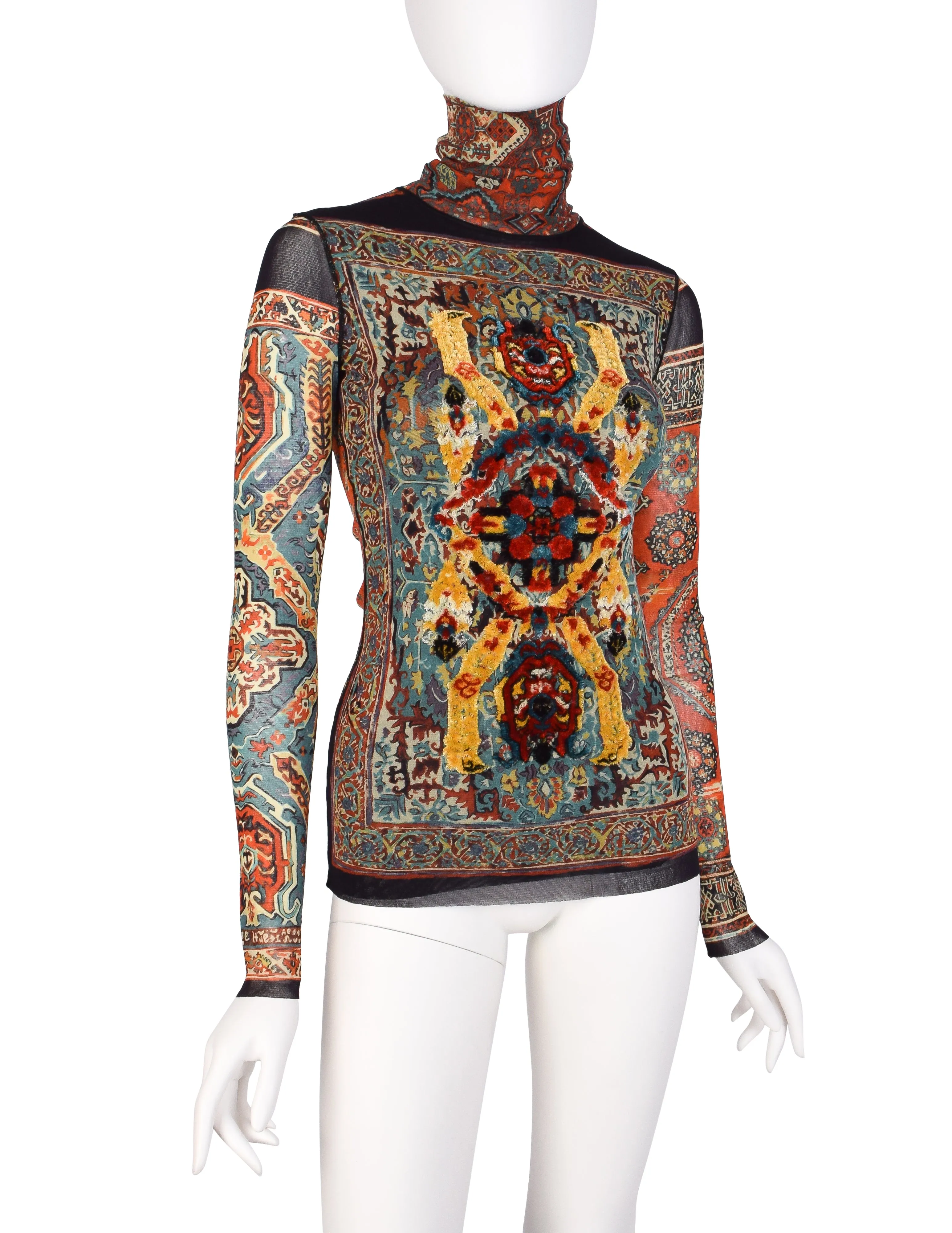 Jean Paul Gaultier Vintage Chenille Embroidery Embellished Rug Print Mesh Top