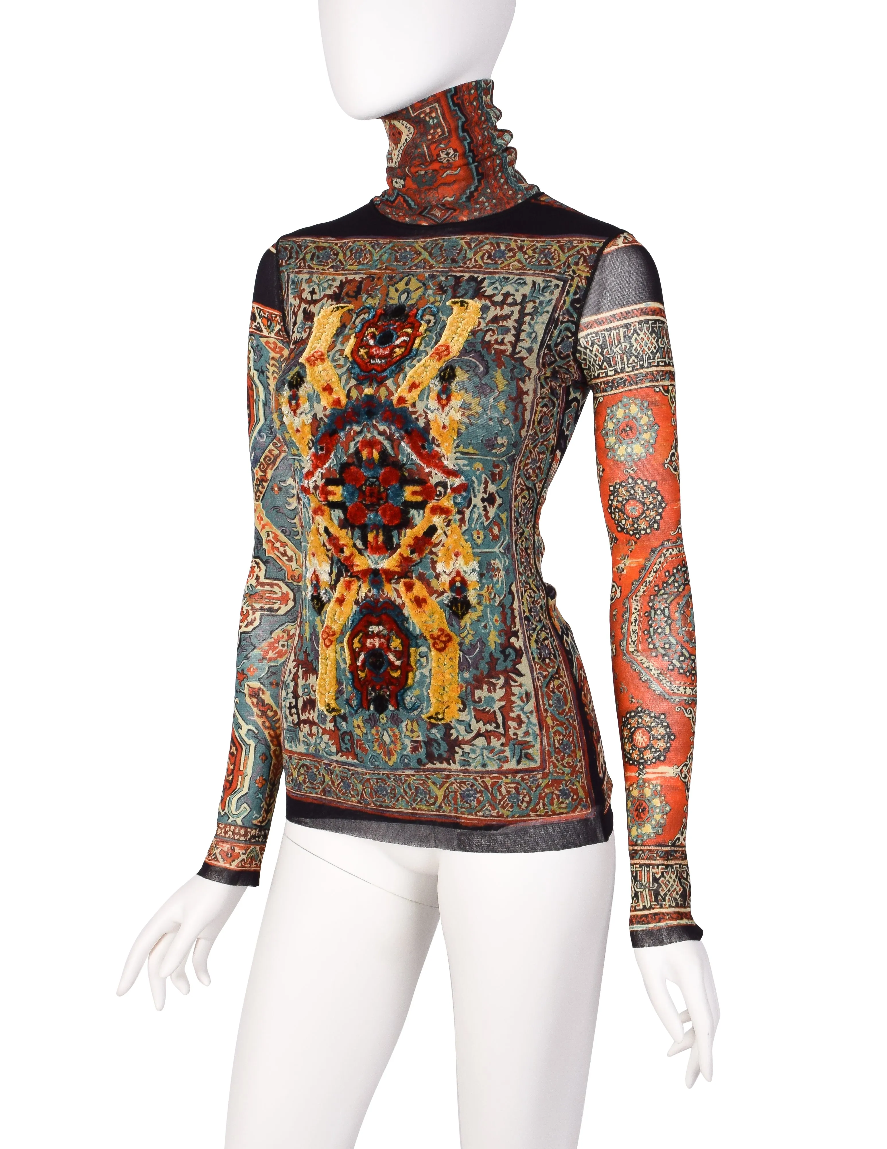 Jean Paul Gaultier Vintage Chenille Embroidery Embellished Rug Print Mesh Top