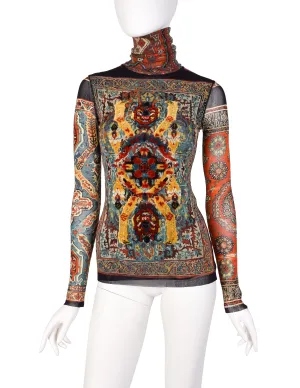 Jean Paul Gaultier Vintage Chenille Embroidery Embellished Rug Print Mesh Top