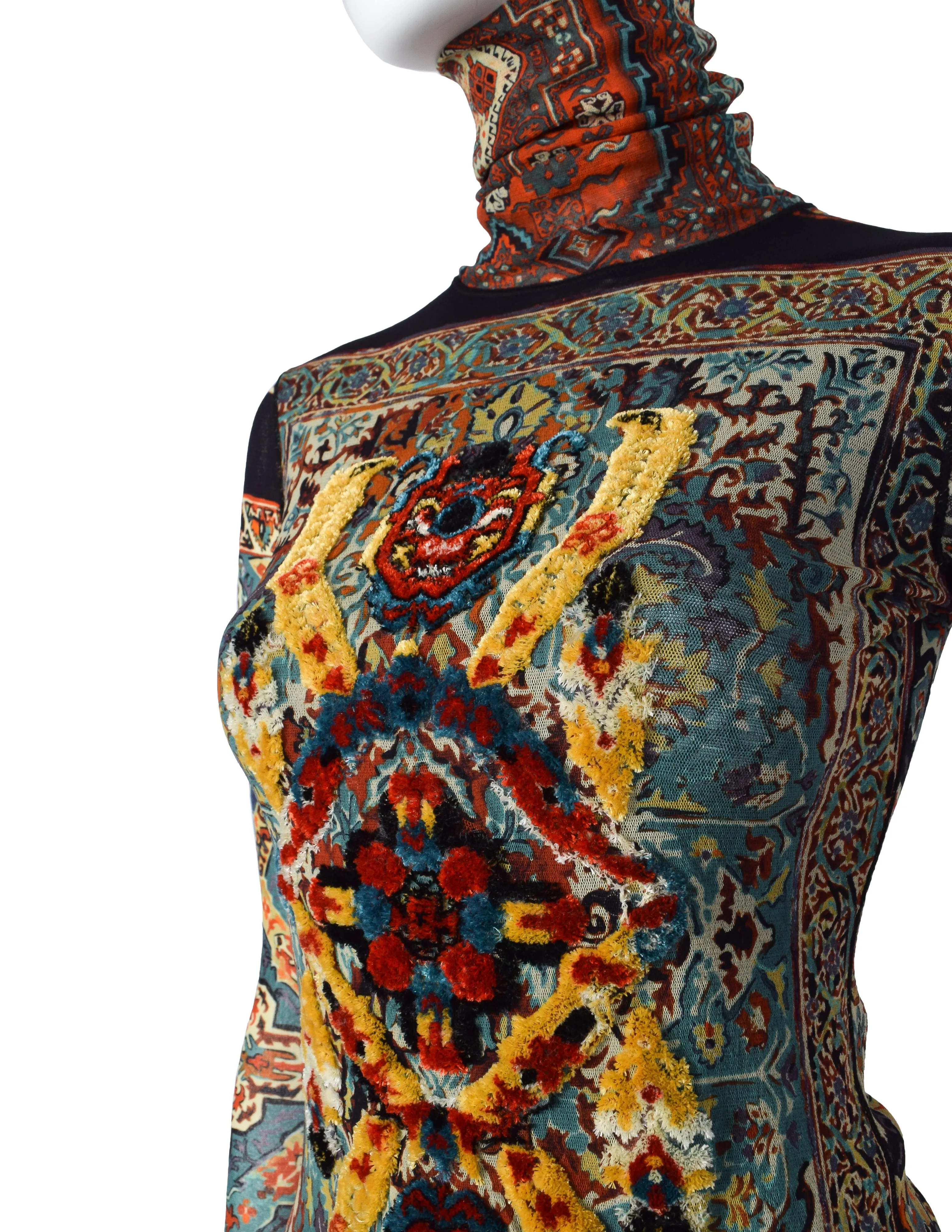 Jean Paul Gaultier Vintage Chenille Embroidery Embellished Rug Print Mesh Top