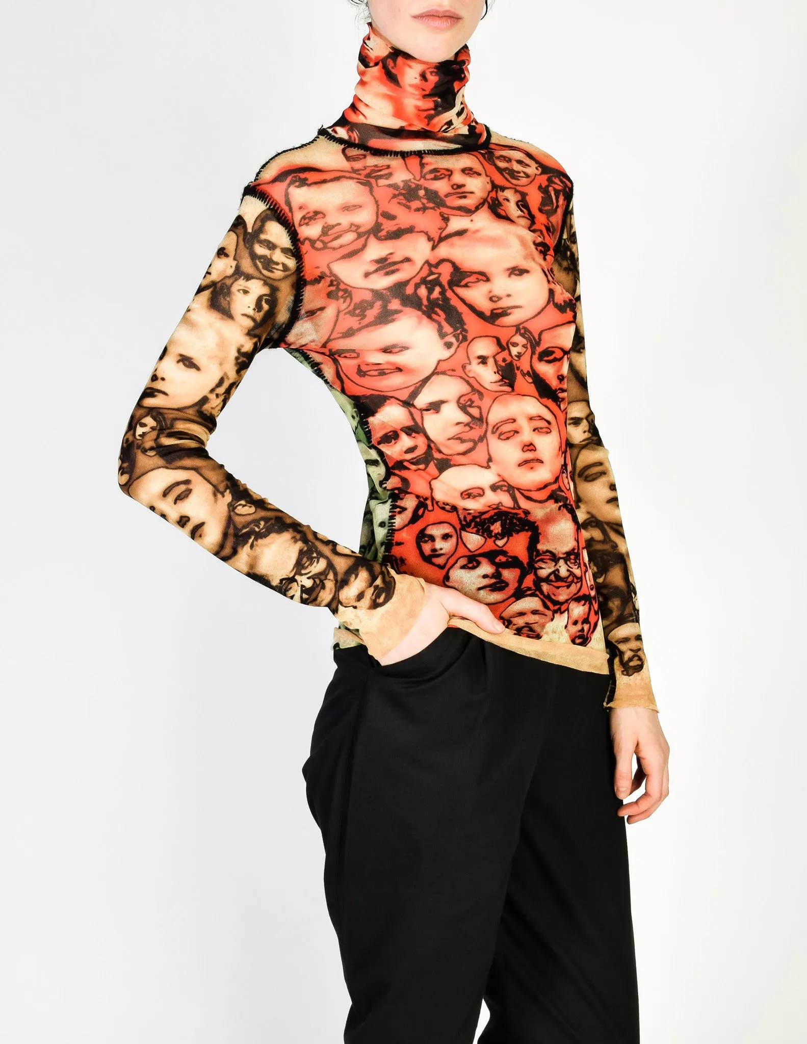 Jean Paul Gaultier Vintage Iconic Sheer Mesh Face Print Turtleneck Shirt Top