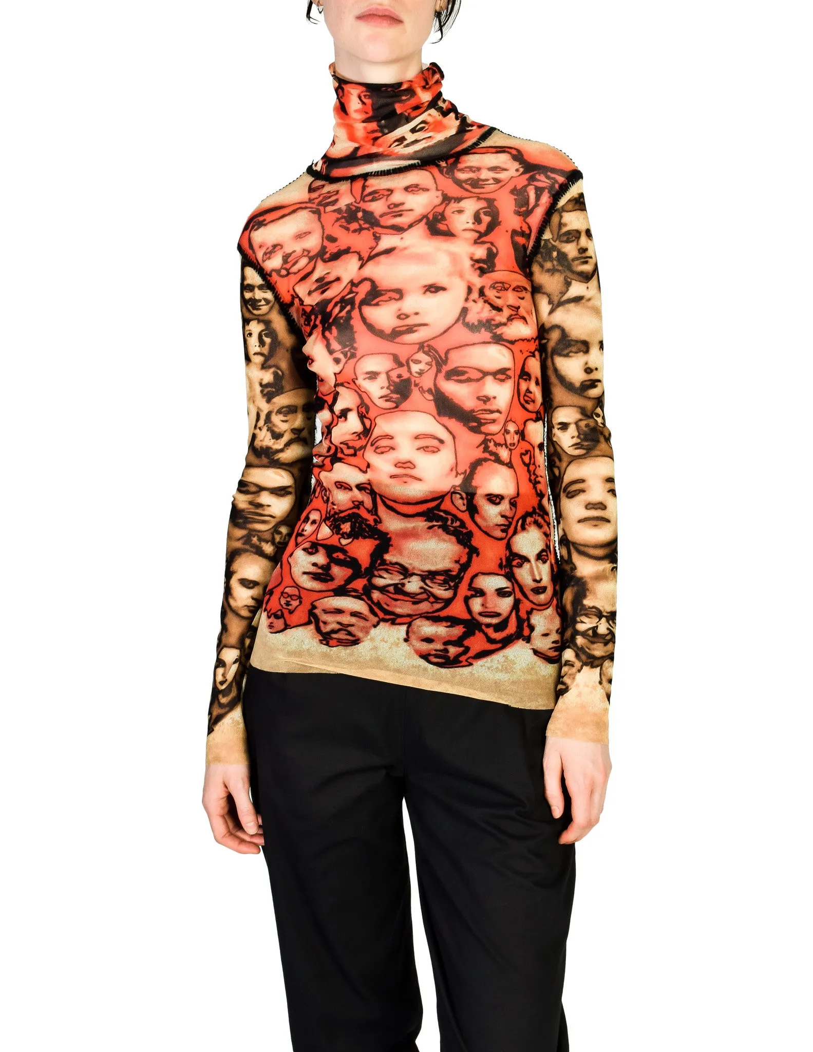 Jean Paul Gaultier Vintage Iconic Sheer Mesh Face Print Turtleneck Shirt Top