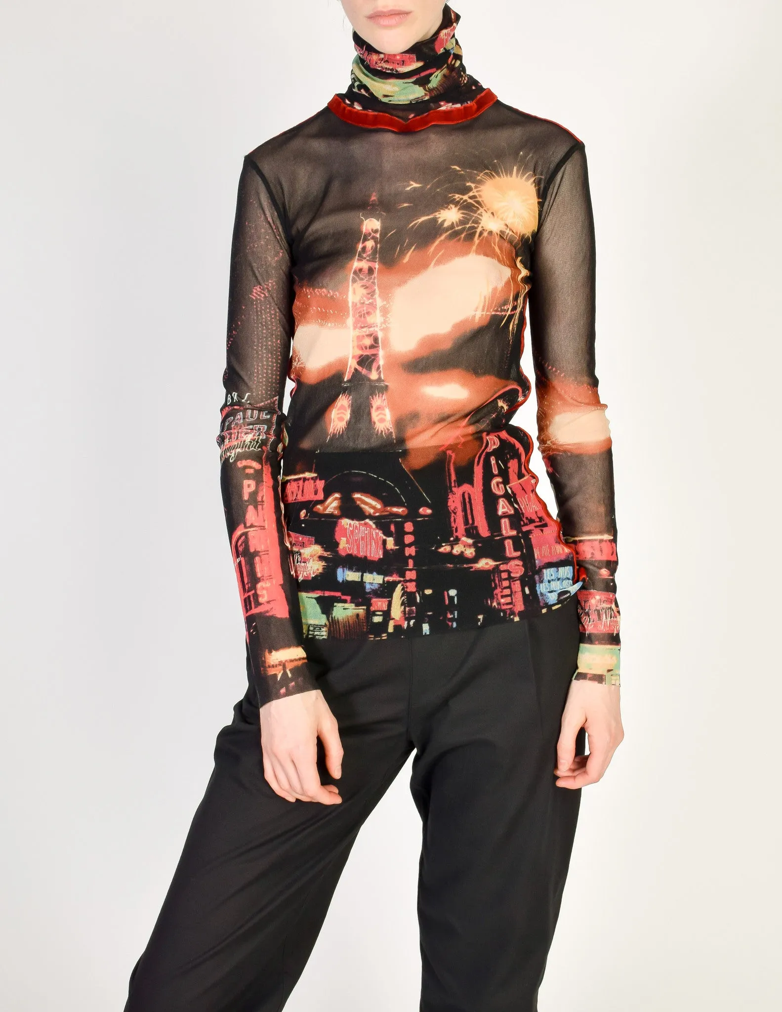 Jean Paul Gaultier Vintage Iconic Sheer Mesh Paris Print Turtleneck Shirt Top