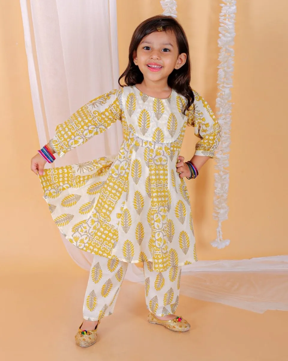 Kids Ethnic Set-Madhupeela Floral Print Girls Anarkali Kurta Set With Boys Jacket Kurta Pajama Set