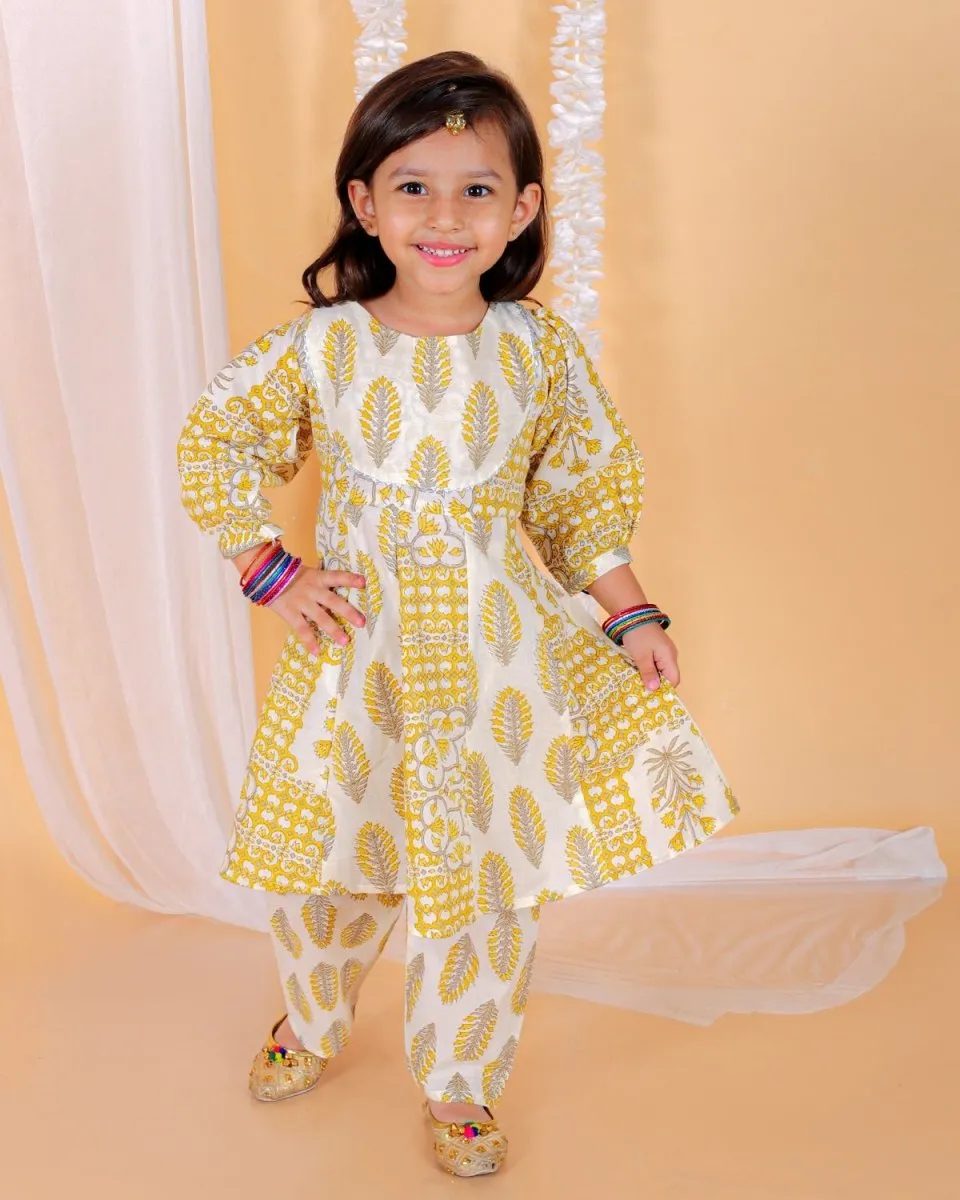 Kids Ethnic Set-Madhupeela Floral Print Girls Anarkali Kurta Set With Boys Jacket Kurta Pajama Set